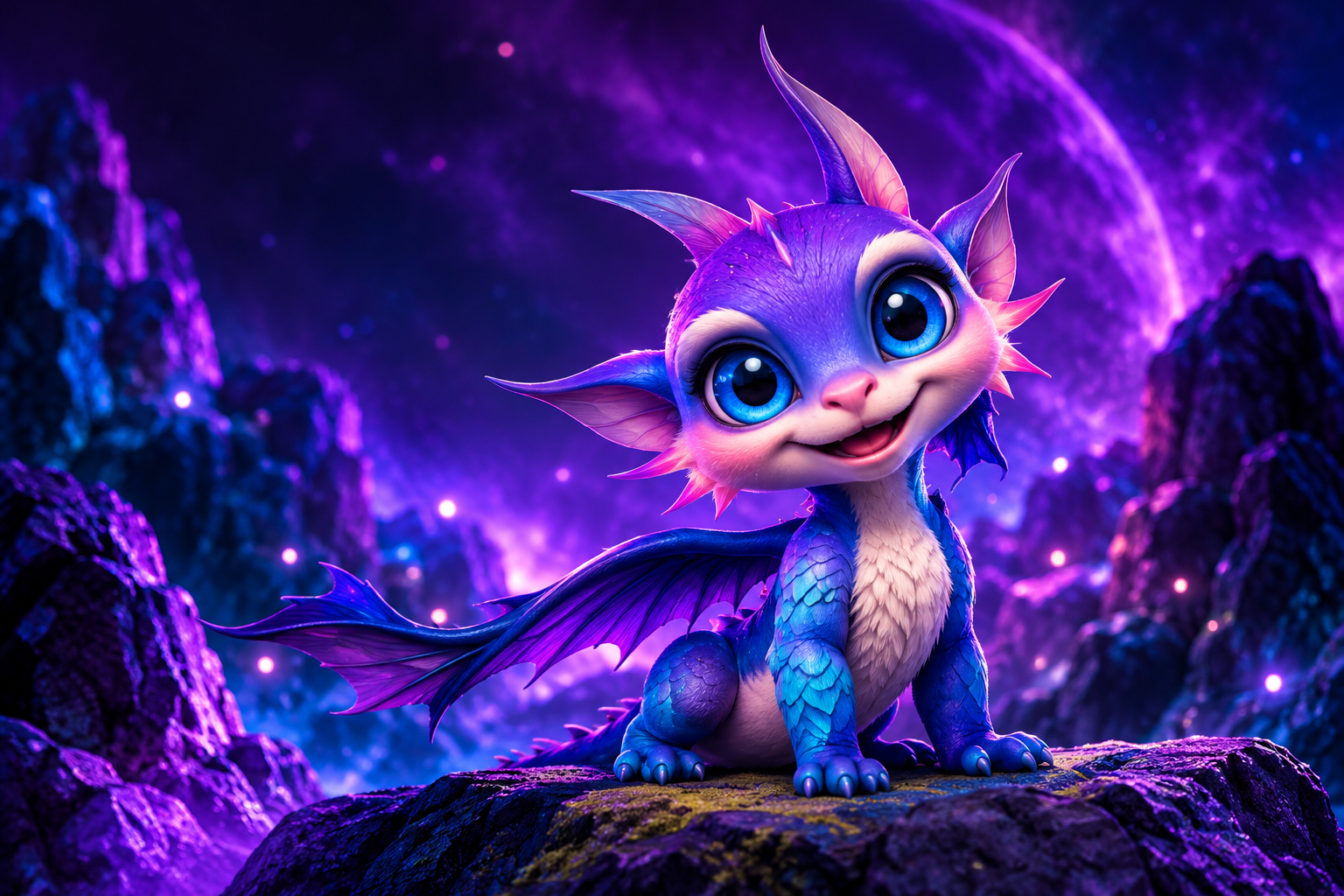 Purple and blue illustrated dragon in a glowing cosmic landscape