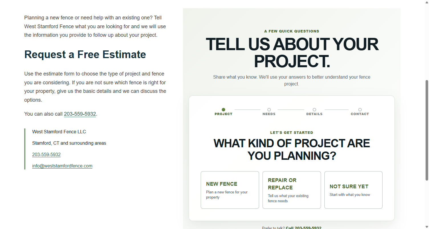 West Stamford Fence estimate inquiry with Project, Needs, Details, and Contact stages