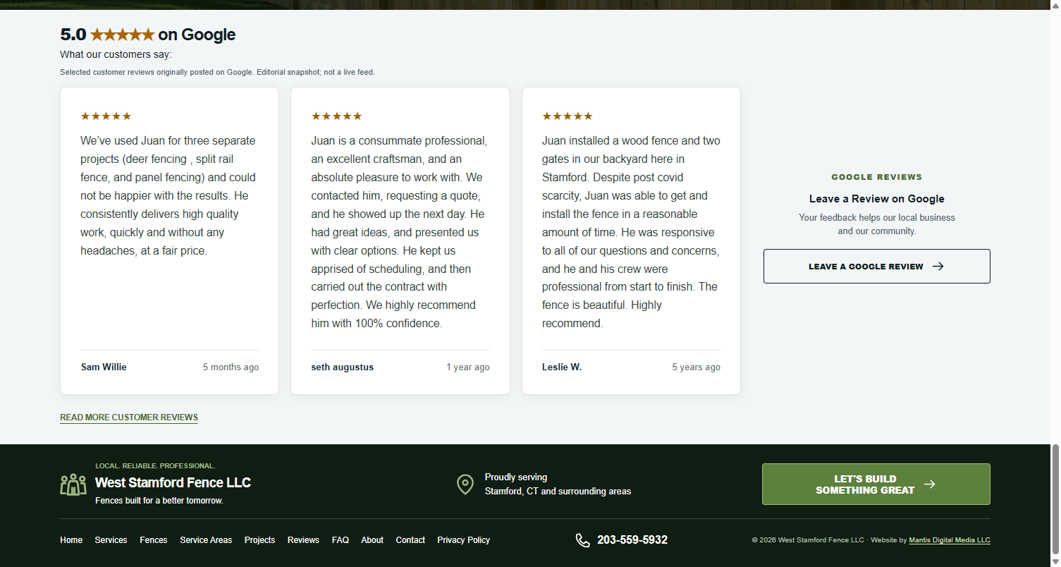 West Stamford Fence Google reviews section and website footer with service and contact links