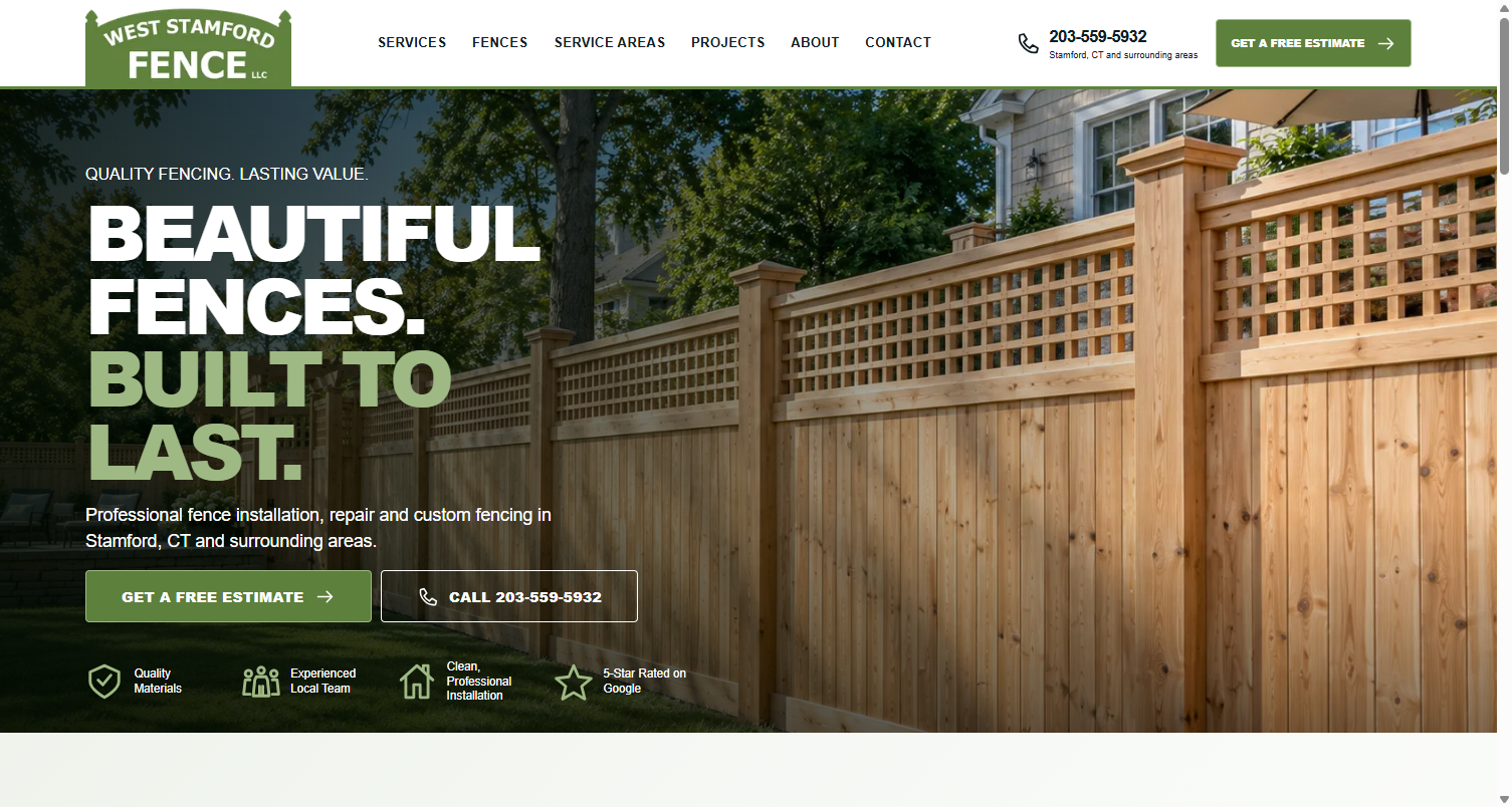West Stamford Fence desktop homepage with installation photography, service navigation, and estimate options