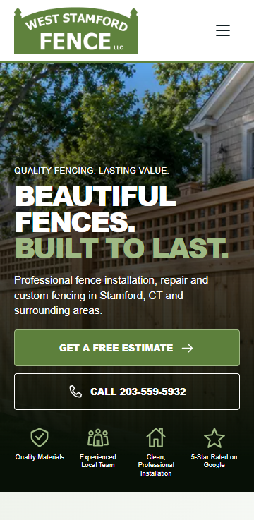 West Stamford Fence mobile homepage with navigation and stacked estimate and contact options