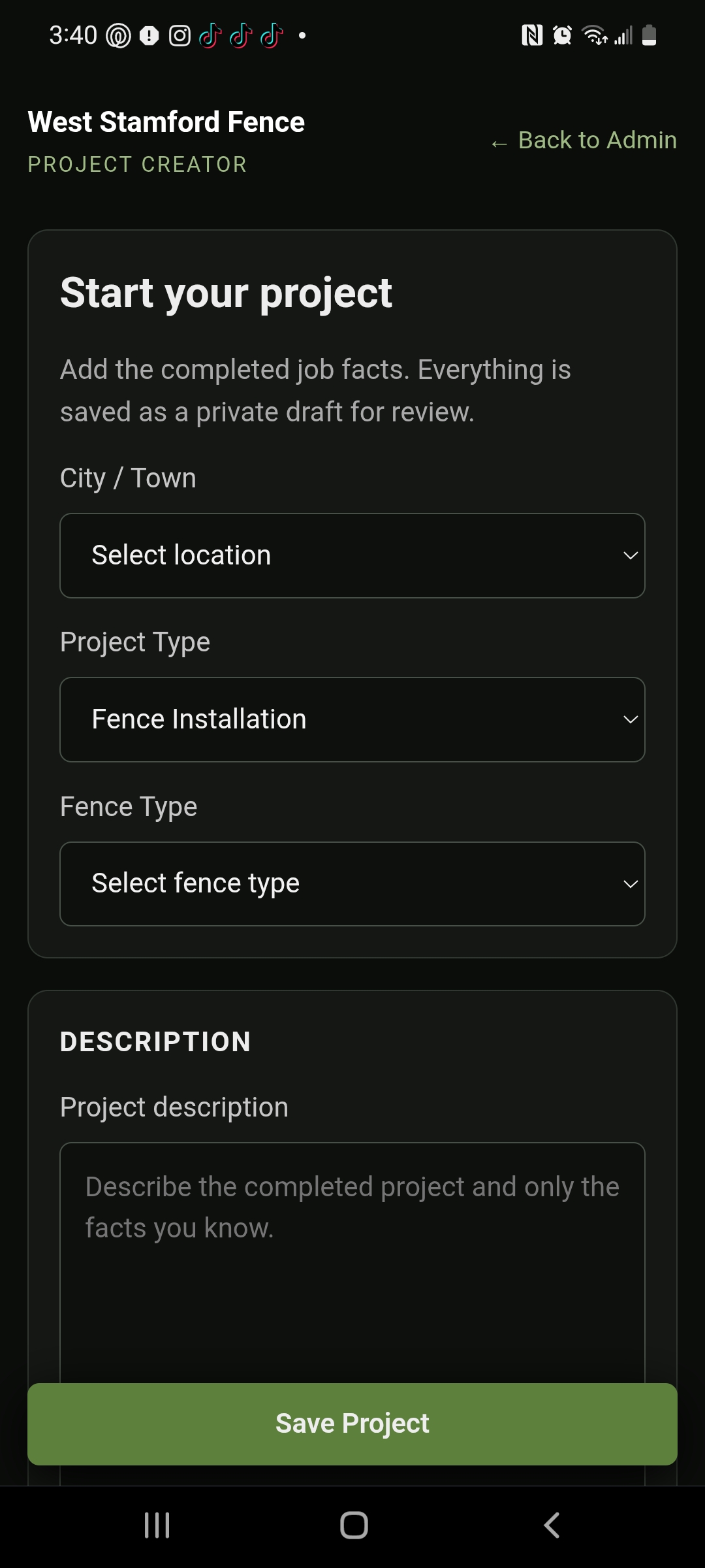 Mobile Project Creator showing project information, location, fence type, description, and Save Project controls