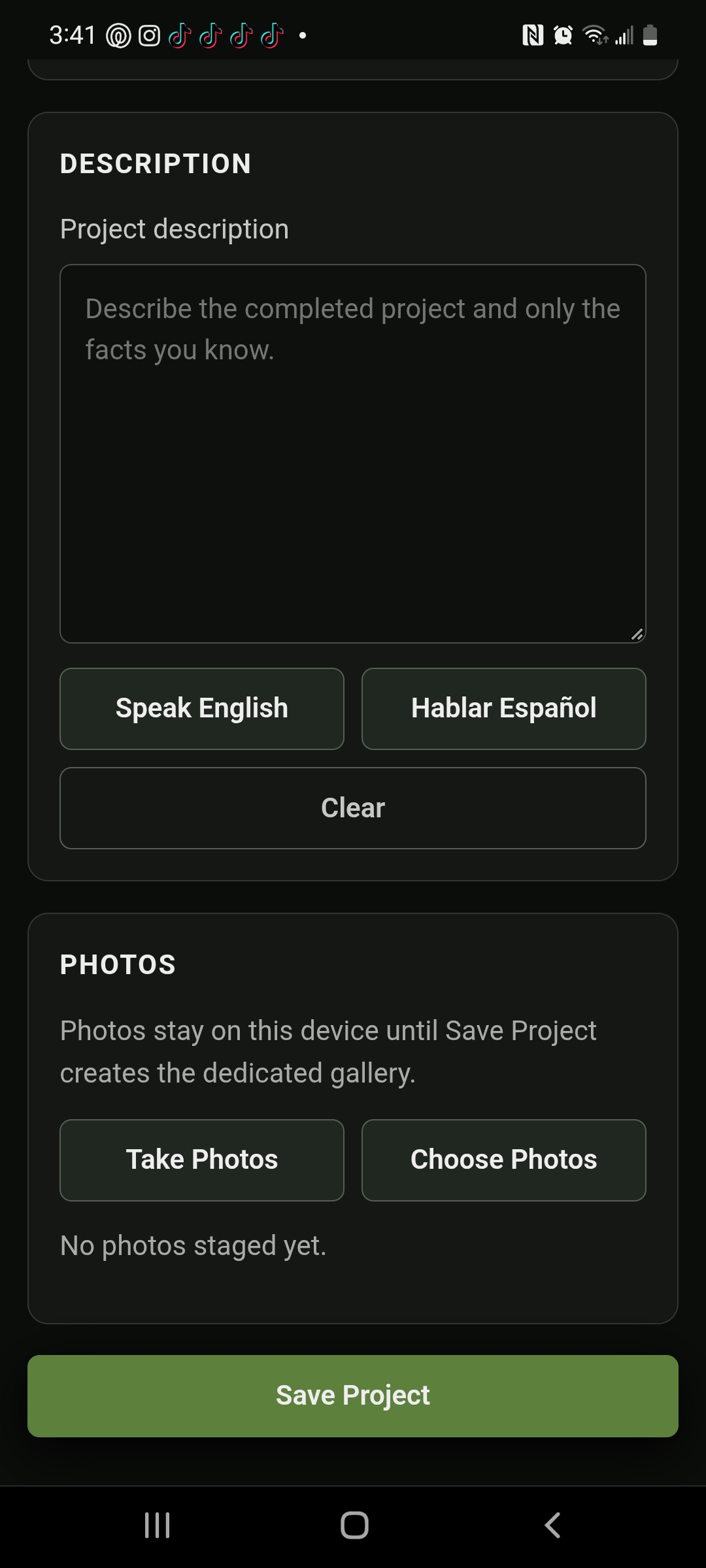 Mobile Project Creator showing English and Spanish speech input, Take Photos and Choose Photos controls, and No photos staged yet
