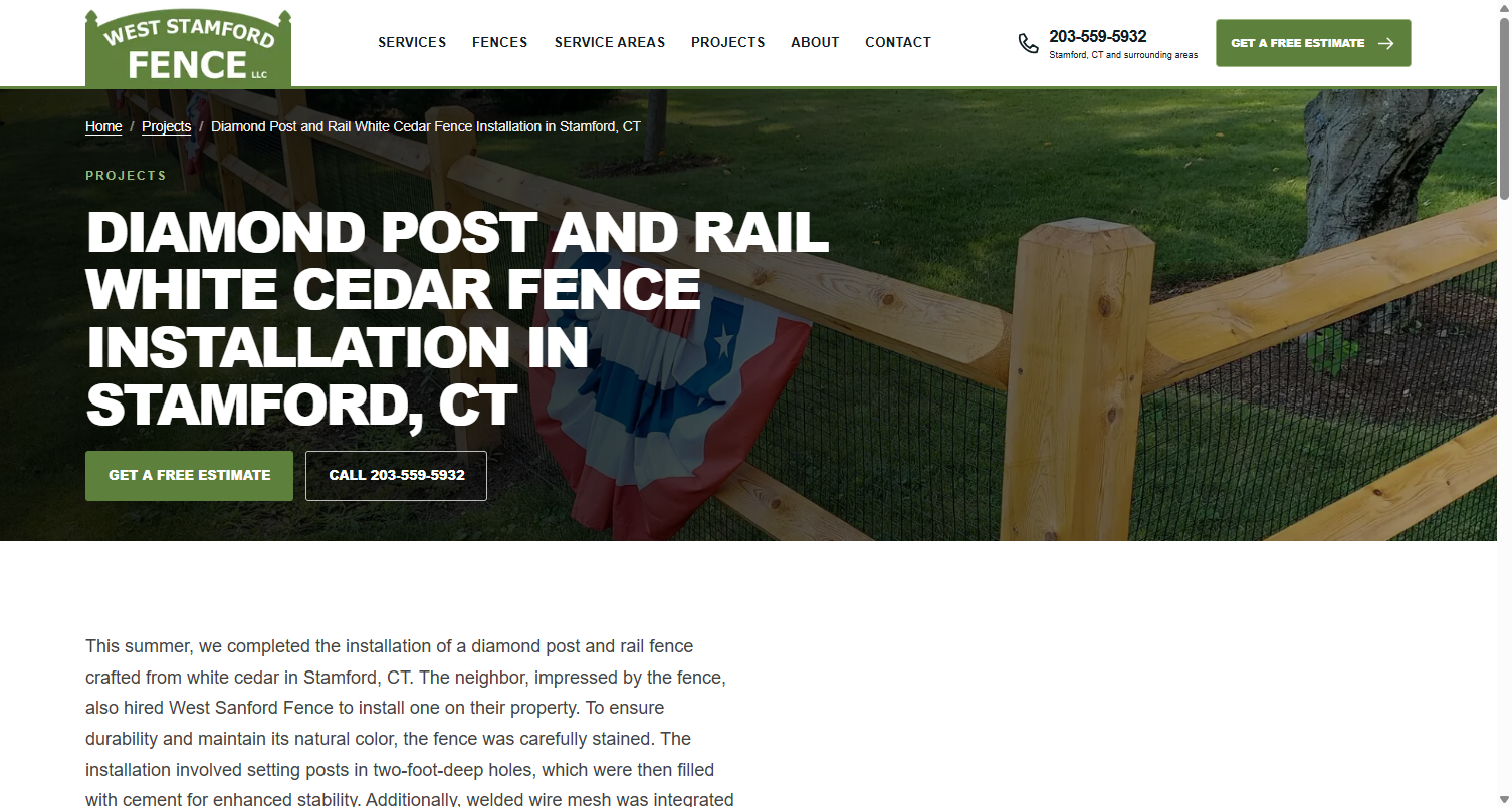 Published West Stamford Fence page for a diamond post and rail white cedar fence installation in Stamford, Connecticut