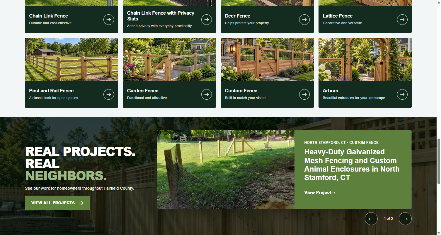 West Stamford Fence service-category cards and a carousel featuring real installation projects