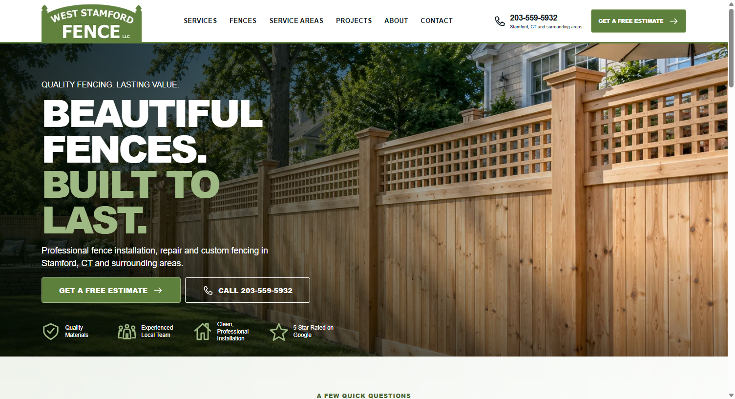 Actual West Stamford Fence website showing fencing services and contact options